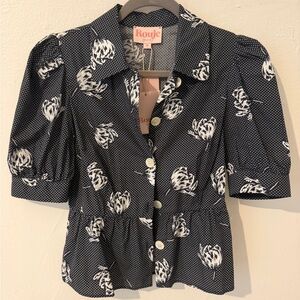 NWT Rouje Black Polka Dot Blouse with White Floral Design